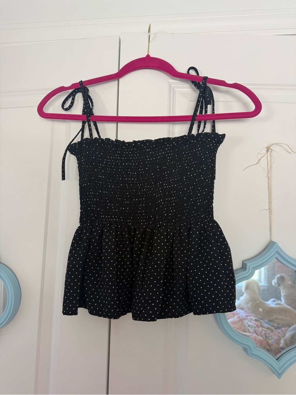 Smocked Polka Dot Tie-Strap Tank Top - Black